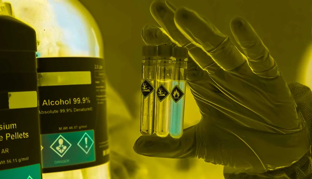 Chemicals in test tubes and symbols used in laboratory or industry