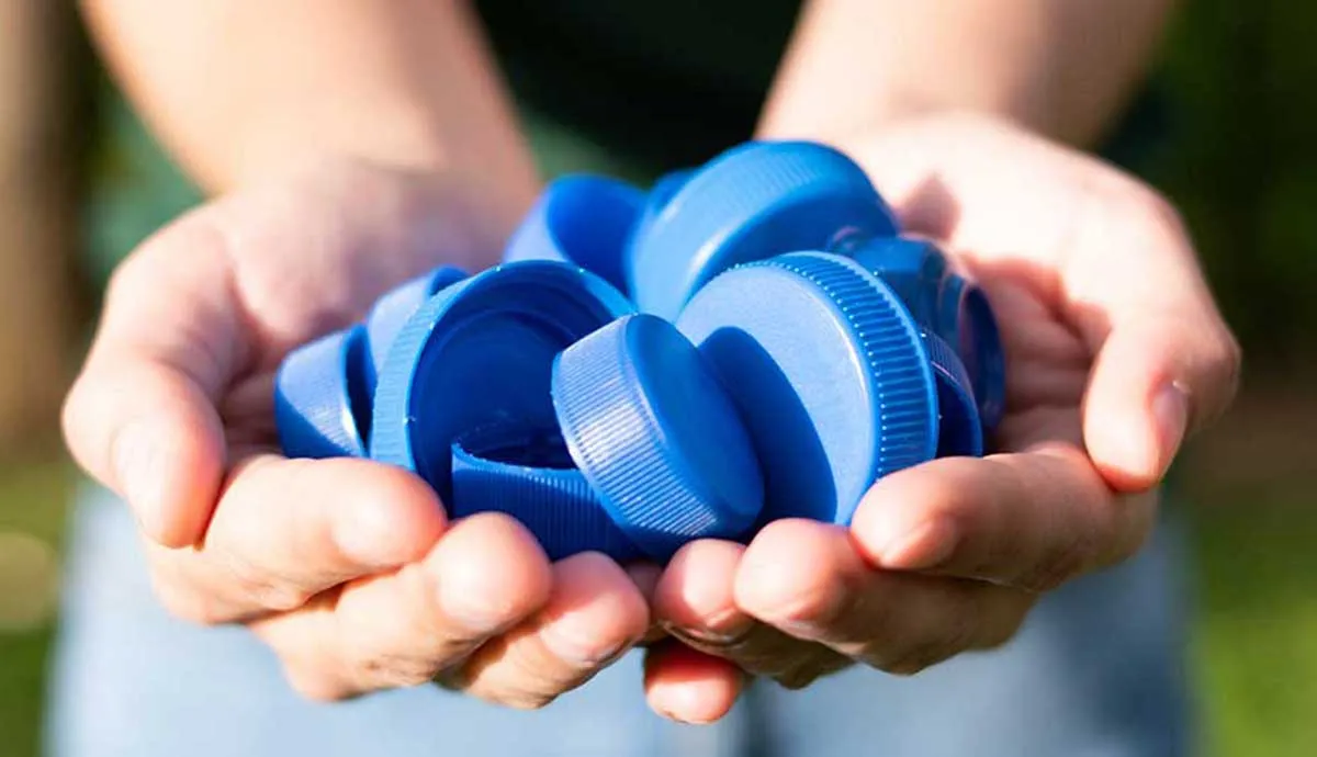 Person holding blue beverage caps